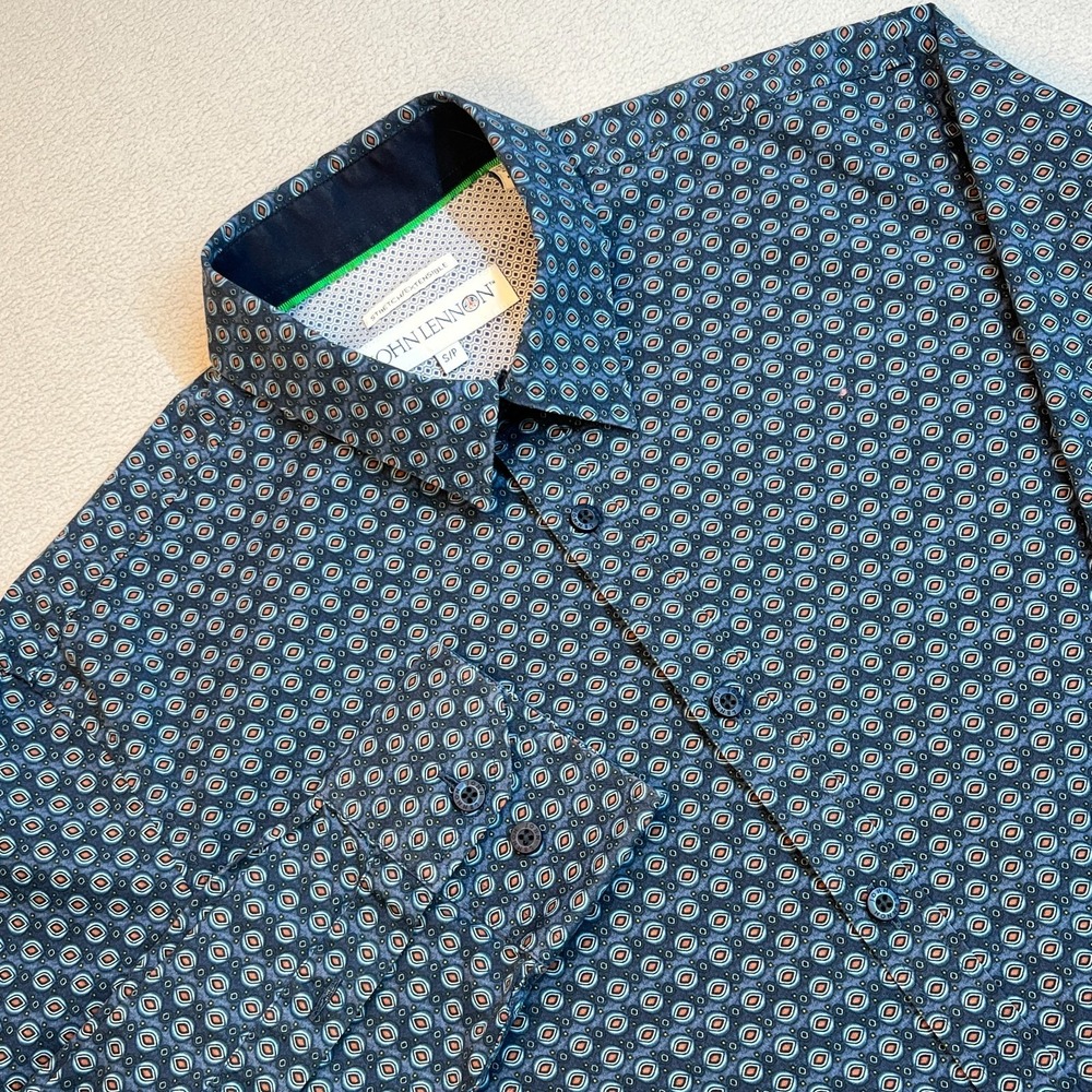 John Lennon English Laundry Men's Small Shirt Blue Geometric Peace Sign Button
